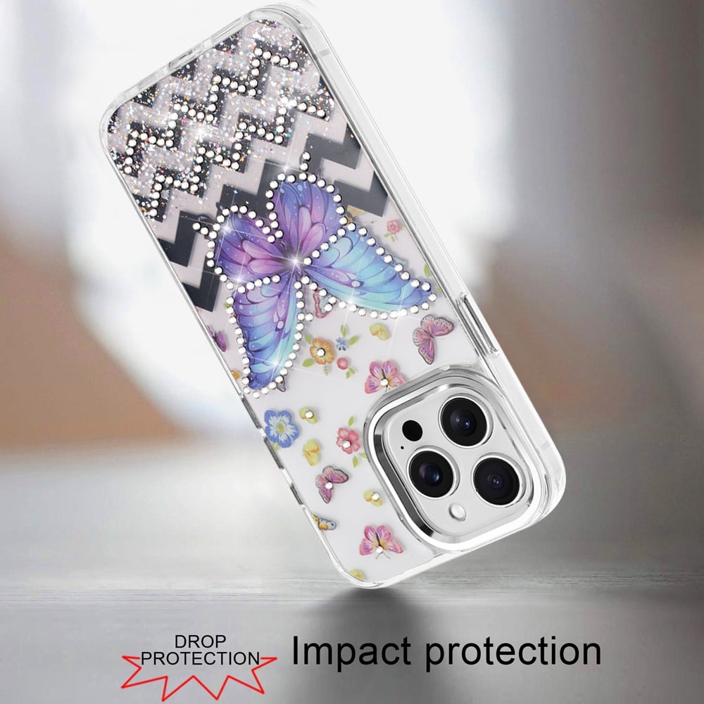 For iPhone 14 Pro Max (6.7") Butterfly Resin Epoxy Diamond Design Metal Edged Hybrid Shockproof Heavy Duty Drop Protection Case Cover