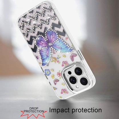 For iPhone 14 Pro Max (6.7") Butterfly Resin Epoxy Diamond Design Metal Edged Hybrid Shockproof Heavy Duty Drop Protection Case Cover