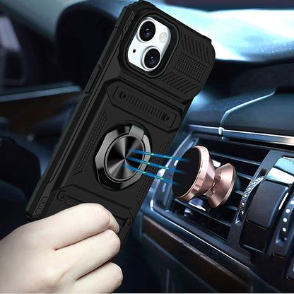 Phone Case for iPhone 15 (6.1") Multi Functional Card Slot Shockproof Metal Ring Hybrid Wallet Rugged Protective Grip Heavy Duty Durable Cover Black
