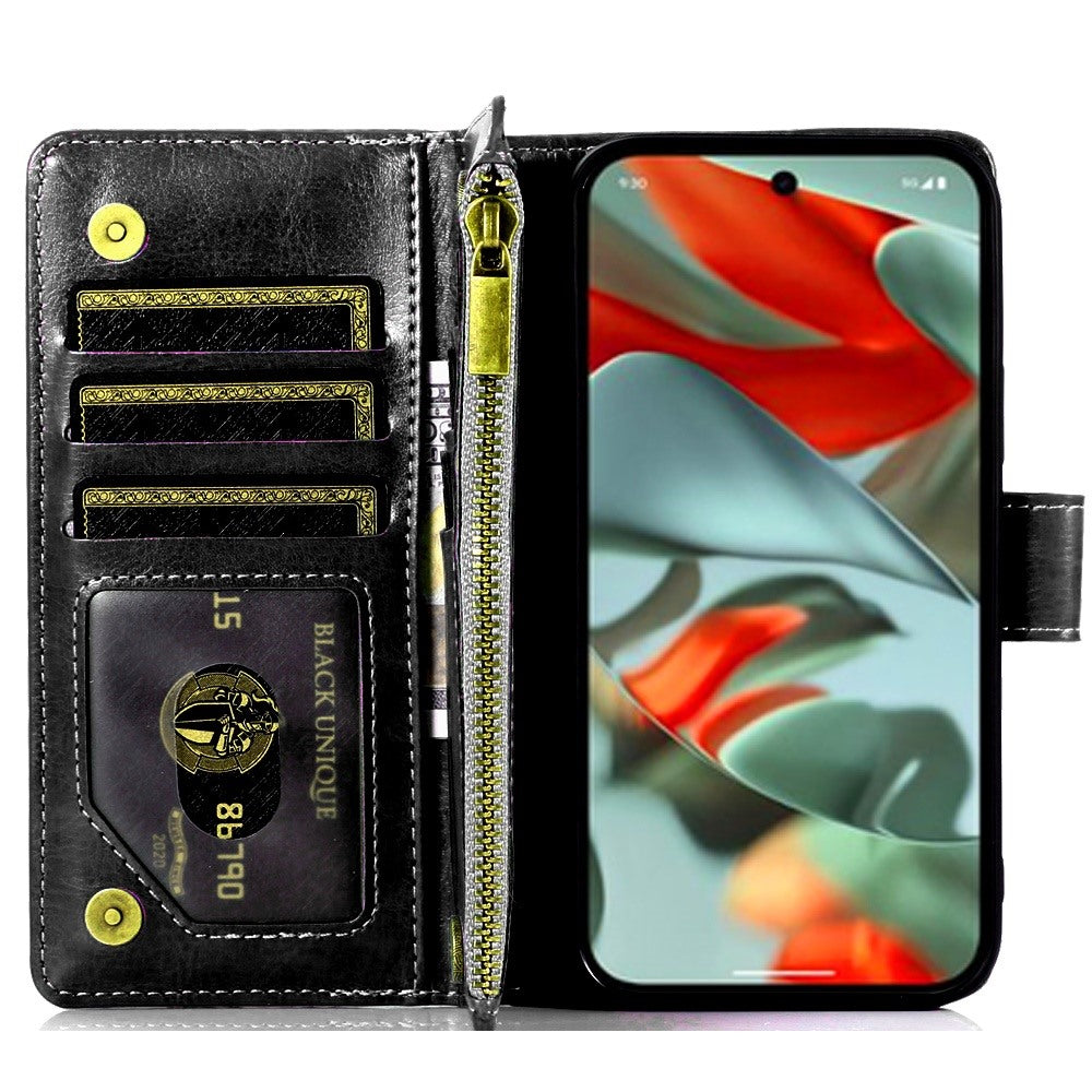 For Google Pixel 9 Pro XL Leather Wallet Case with Zipper, 9 Card Slots, Cash Pocket, Stand & Strap, Clutch Pouch Design Case Cover Black