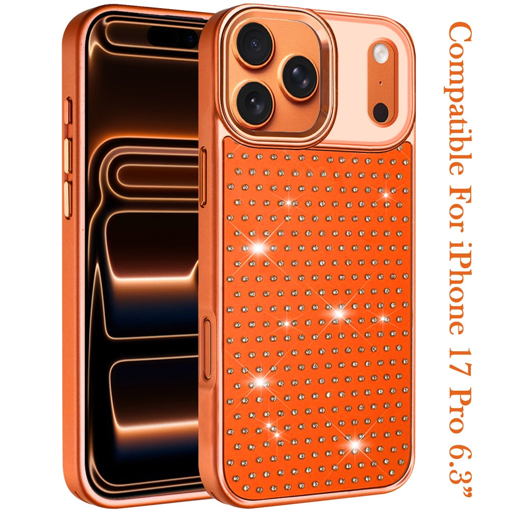 Phone Case for Apple iPhone 17 Pro Luxury Diamond Bling Sparkle Chrome Metallic Edge Shockproof Durable Protective Stylish Premium Hybrid Design Cover Cosmic Orange