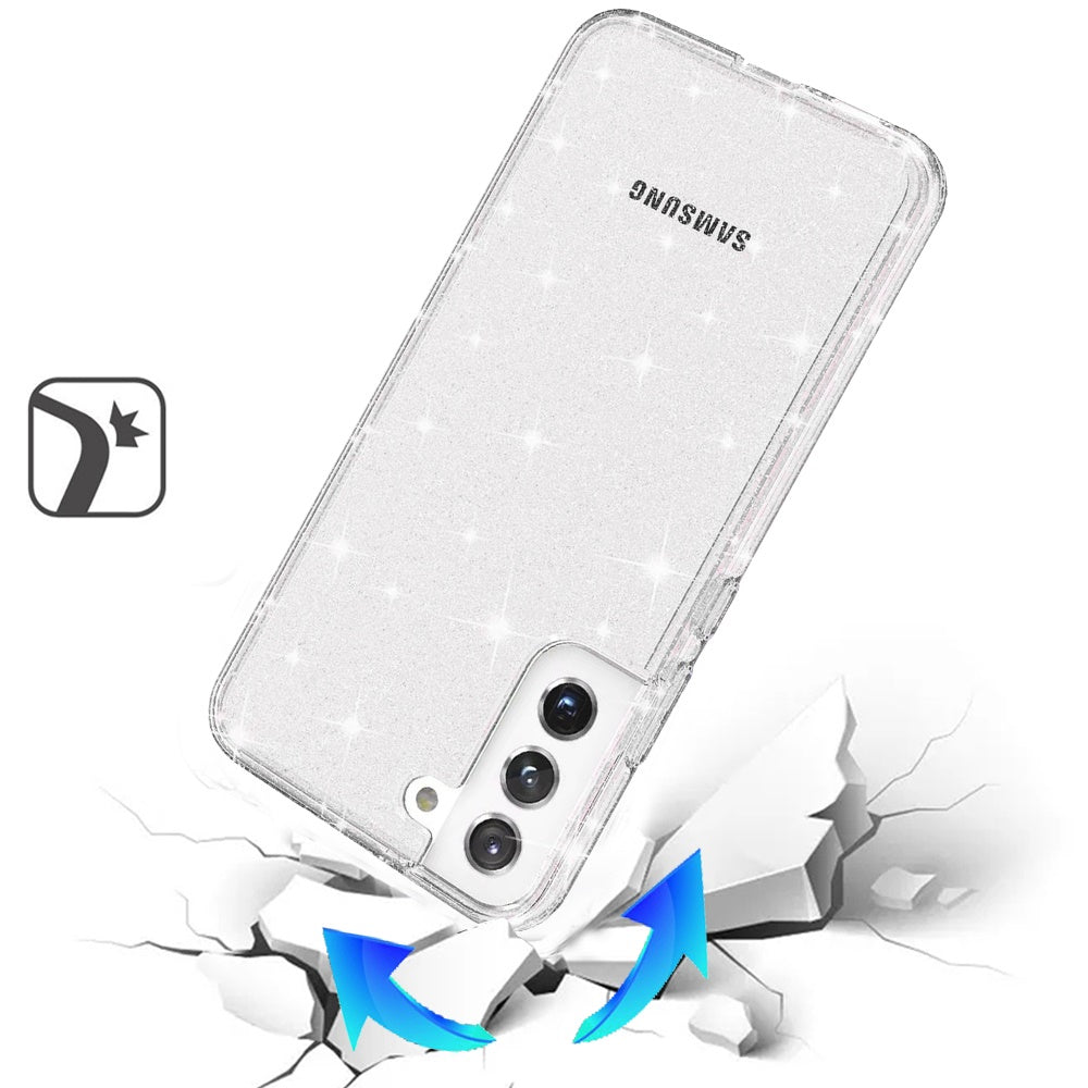 For Samsung Galaxy S21 5G Transparent Glitter Shiny Sparkle Bling TPU Rubber Hard Back Hybrid Frame Shockproof Case Cover Clear