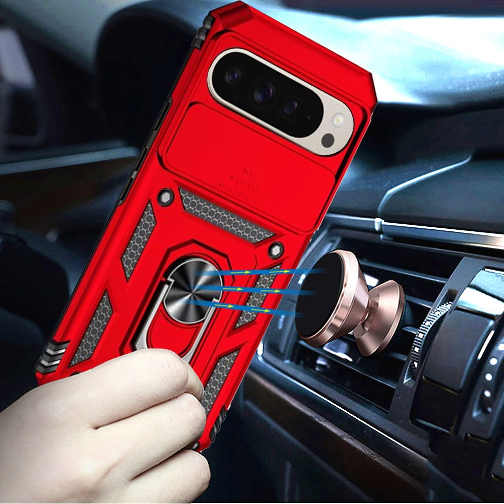 For Google Pixel 9 Pro XL Hybrid Ring Shockproof with 360° Rotate Ring Kickstand, Camera Lens Protection, Soft Edge Bumper Case Cover Red