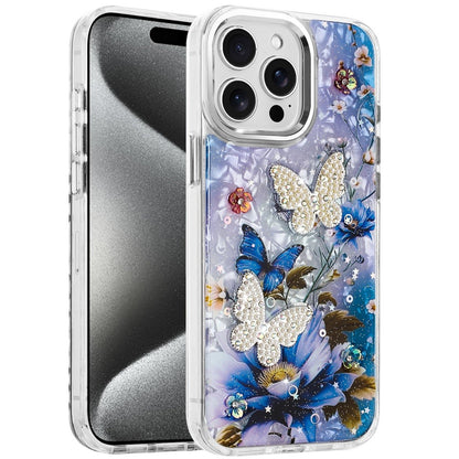 For Apple iPhone 16 Pro Max Epoxy Glitter Flowers Bling 3D Butterfly Fashion TPU Hybrid with Shockproof Protection Case Cover