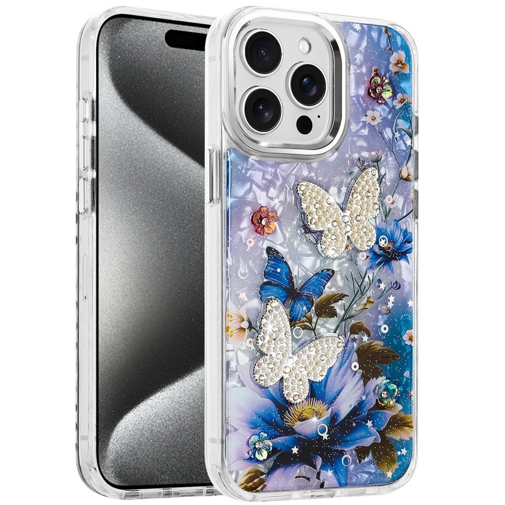 For Apple iPhone 17E /16E Epoxy Glitter Flowers Bling 3D Butterfly Fashion TPU Hybrid with Shockproof Protection Case Cover