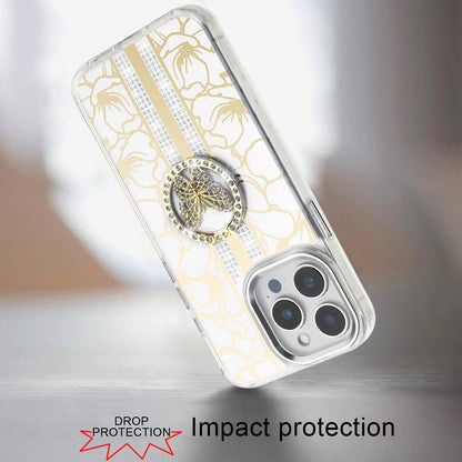 For iPhone 15 Pro Max (6.7") Diamonds 3D Butterfly Floral Design Bling Sparkly Glitter Hybrid Metal Fashion with Ring Stand Case Cover