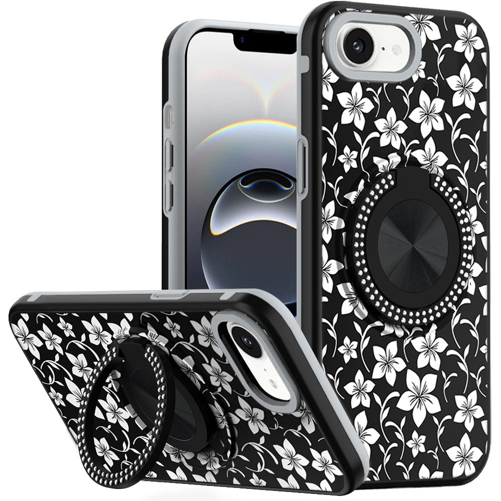 For Apple iPhone 16e Pattern Design Hybrid with Invisible Ring Stand & Magnetic Back, Shockproof Protective Grip Case Cover Classic Floral