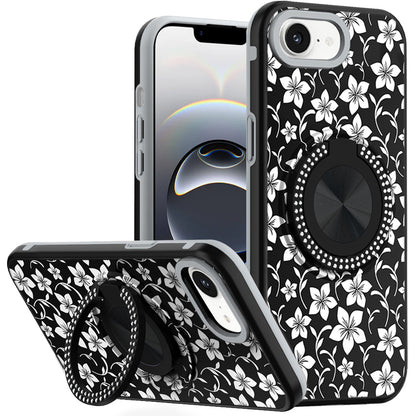 For Apple iPhone 16e Pattern Design Hybrid with Invisible Ring Stand & Magnetic Back, Shockproof Protective Grip Case Cover Classic Floral