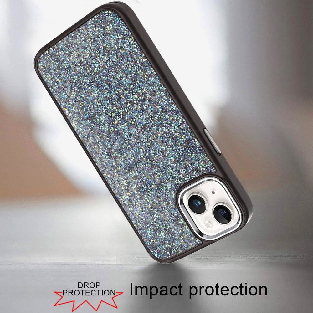 For iPhone 15 (6.1") Crystal Sparkle Diamond Glass Full Mini Glitter Bling Frame TPU Hybrid Protective Case Cover