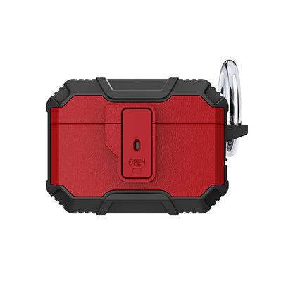 For Airpods Pro 3 (2025) Heavy Duty Hybrid Shockproof Case Hard PC Rubber TPU Cover with Open Button & Metal Hook Case Cover Red