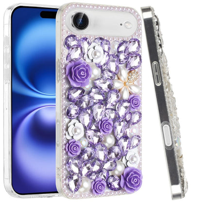 For Apple iPhone 17 Air (6.6") Fashion Rose Flower Floral Bling Crystal 3D Full Diamonds Pearl Sparkle Rhinestone Glitter Hybrid Case Cover