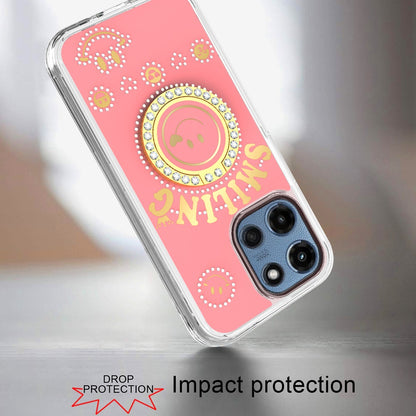 For Motorola Moto G 5G 2025 Smiling Glitter Ornament Bling Sparkle with Ring Stand Hybrid Slim TPU + Hard Back Shell Case Cover