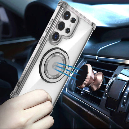 For Samsung Galaxy S22 Ultra Shield Magnetic [Compatible with Magsafe] with 360° Rotatable Ring Holder Invisible Stand Transparent Case Cover Black