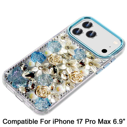 For Apple iPhone 17 Pro Max (6.9") 3D Diamond Floral Roses Flower Bling Stone Hybrid, Sparkly Rhinestone Gemstone Back Shockproof Case Cover