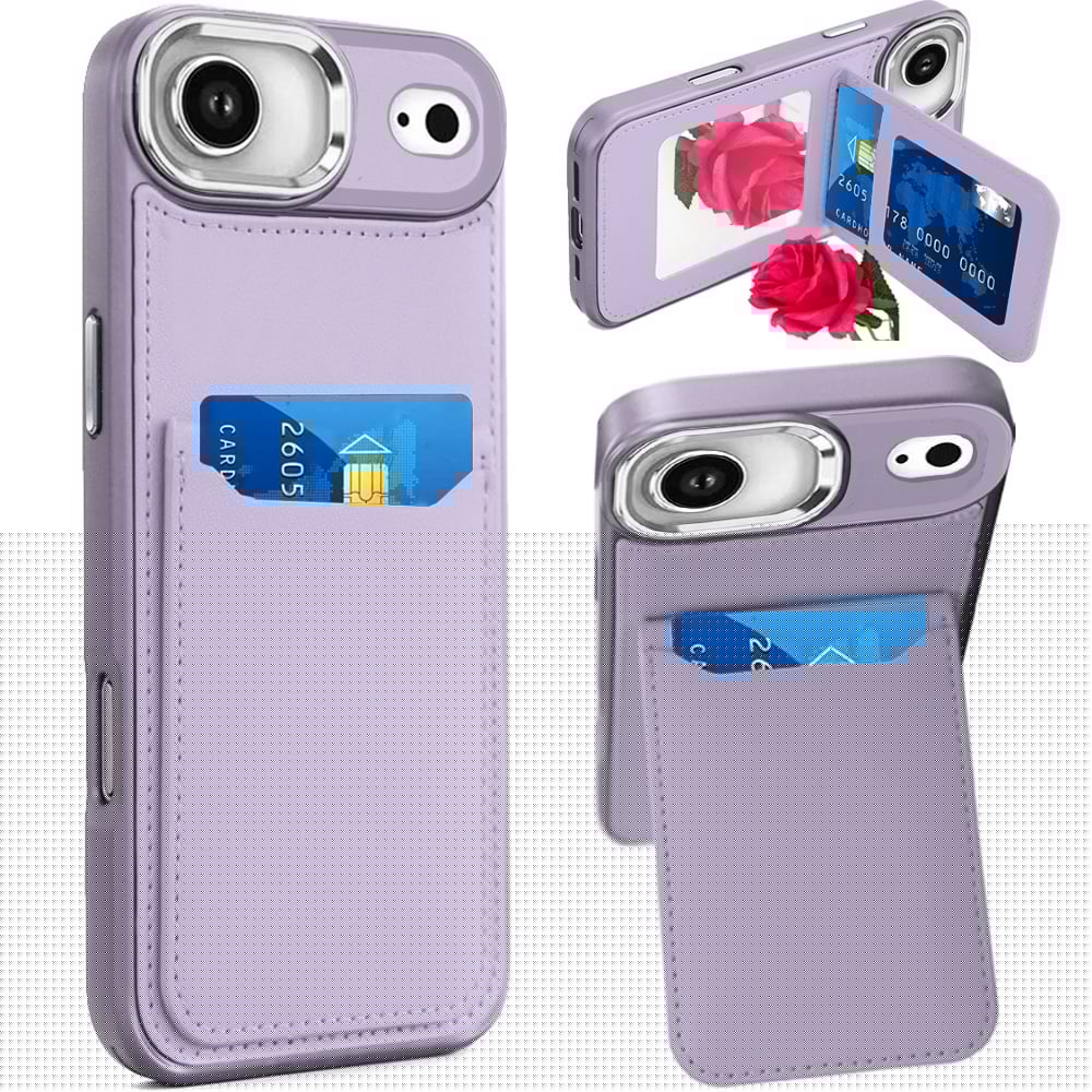 For Apple iPhone 17 Air (6.6") PU Leather Wallet Cover with Credit Card Holder, Kickstand & Mirror Inside Slim Fit TPU & PC Hybrid Design Case Cover