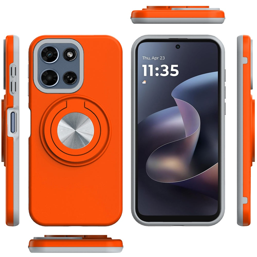 For Motorola Moto G Play 5G 2026 Metal Matte Hybrid with Invisible Rotational Ring Stand, Car Mount Friendly, Military Grade Slim Fit Sturdy Case Cover Cosmic Orange