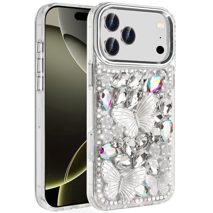For Apple iPhone 17 Pro Max (6.9") 3D Diamond Floral Butterfly Bling Stone Hybrid, Sparkly Rhinestone Gemstone Back Shockproof Case Cover Rose Gold