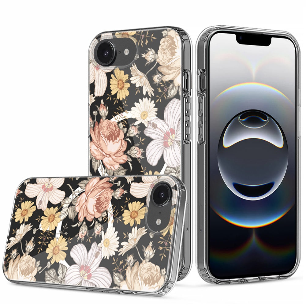 For Apple iPhone 16e Hybrid Flower Design Stylish Fashion Case, MagSafe Compatible, Thick Shockproof Hard PC Case Cover