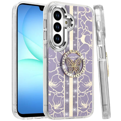 For Samsung Galaxy S25 Fan Edition /Galaxy S25 FE Diamonds 3D Butterfly Floral Design Bling Sparkly Glitter Hybrid Metal Fashion with Ring Stand Case Cover