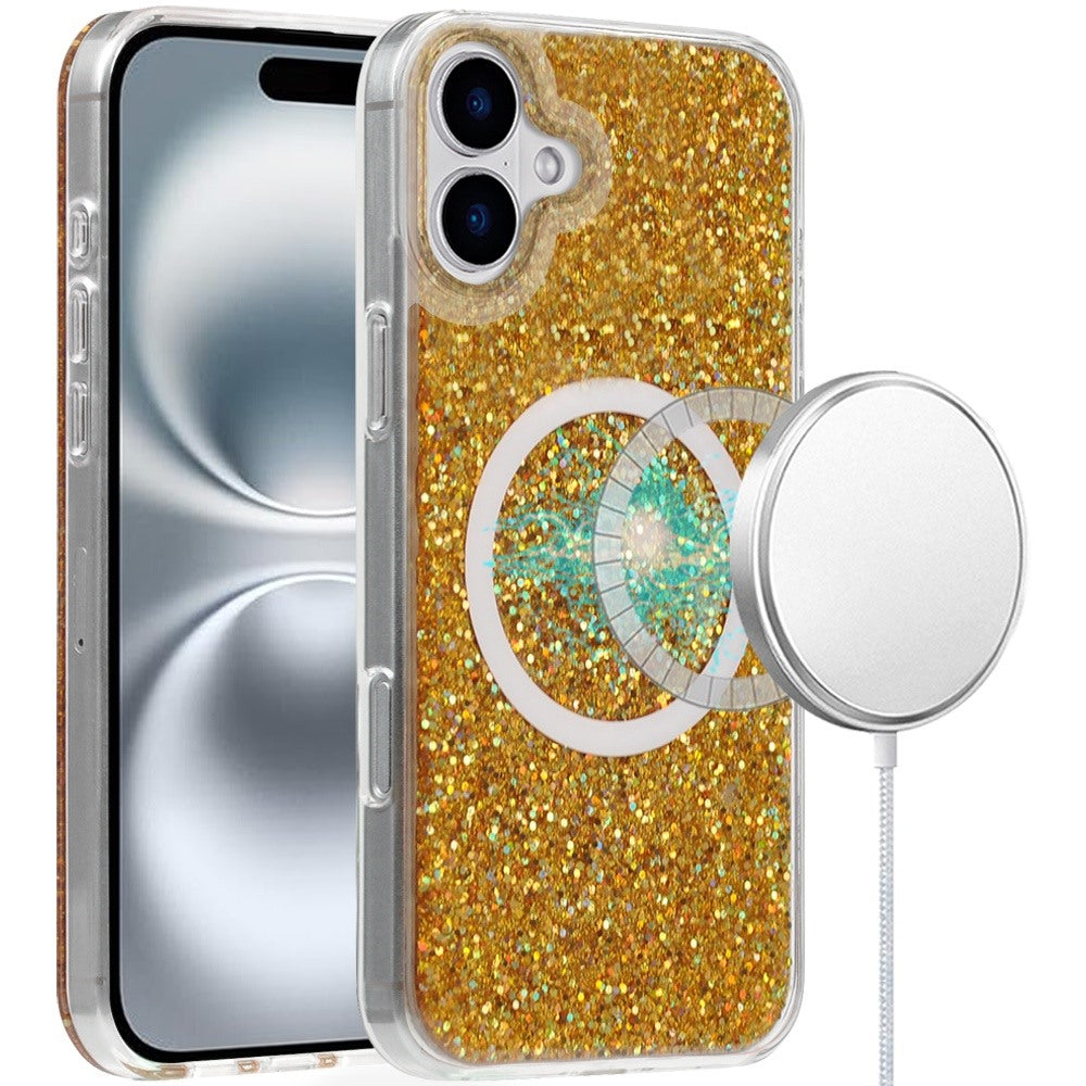 For Apple iPhone 16 Plus (6.7") Transparent Epoxy Glitter Magnetic Circle Compatible with MagSafe Hybrid Bling Sparkle Hard PC Slim TPU Case Cover