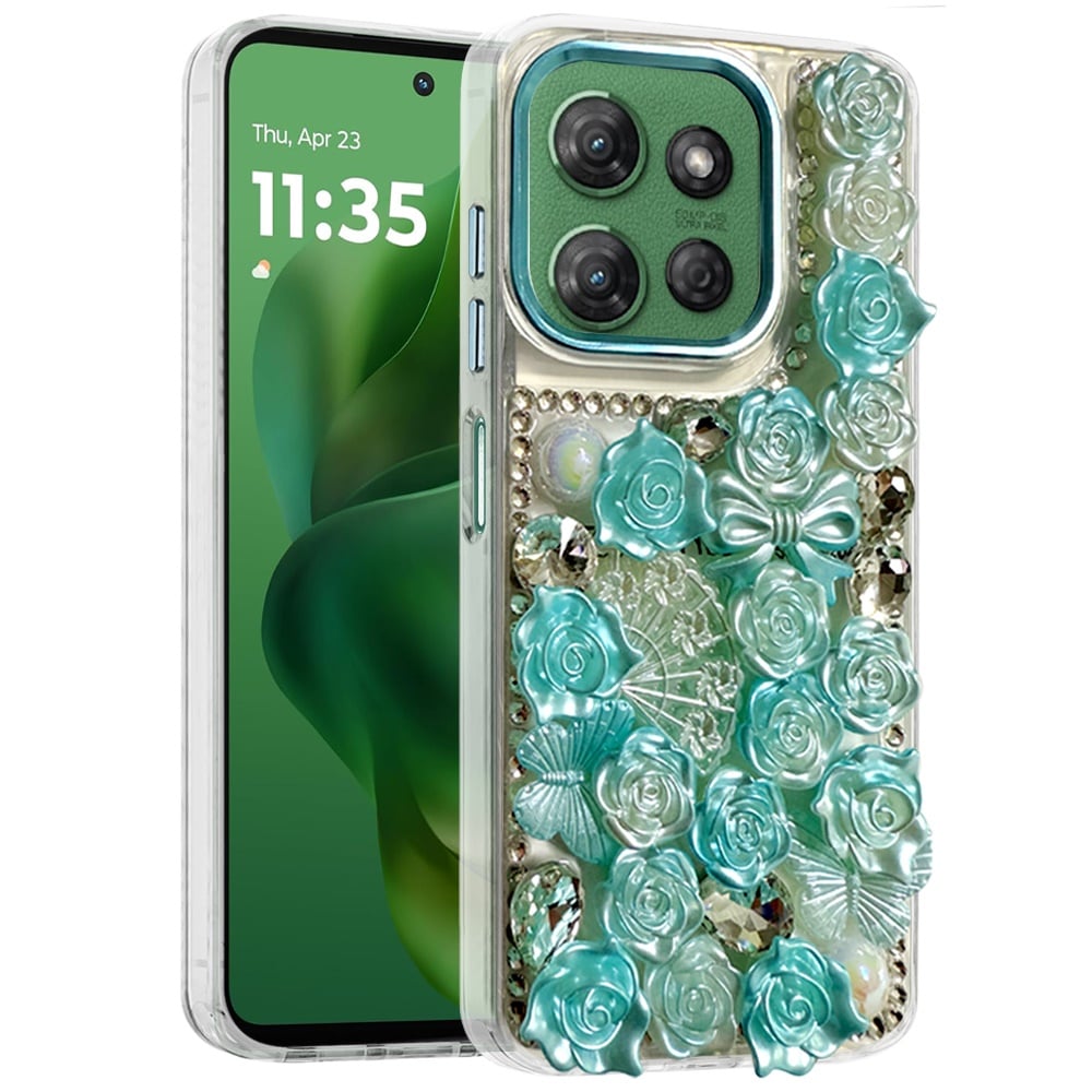 For Motorola Moto G Power 5G 2026 /2025 3D Diamond Floral Roses Flower Bling Stone Hybrid, Sparkly Rhinestone Gemstone Back Shockproof Case Cover