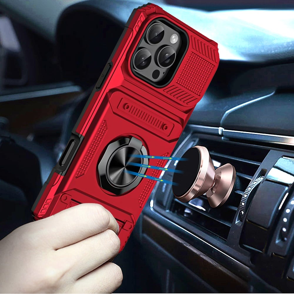 For iPhone 16 Pro Max (6.9") 2X Card Slot Metal Ring Stand Hybrid Shockproof Heavy Duty Drop Protection Multi Functional Design Case Cover Red