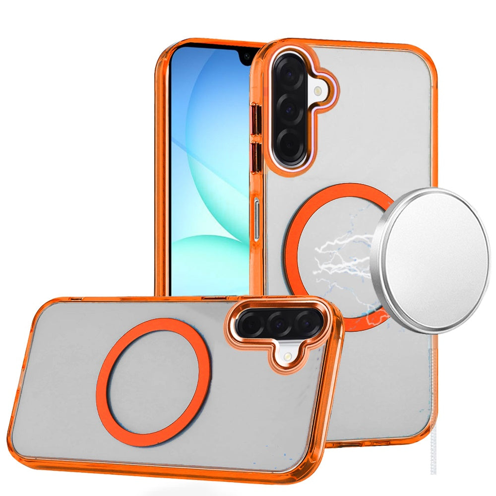 For Samsung Galaxy A17 5G Transparent Back Hybrid Case - Magnetic Circle, Color Frame, Metal Buttons, MagSafe Compatible Case Cover Rose Gold