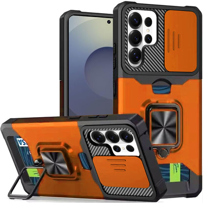 For Samsung Galaxy S25 Ultra Wallet Case with Ring Stand & Slide Camera Cover Back Credit Card Slot Holder, Military Grade Case Cover Cosmic Orange