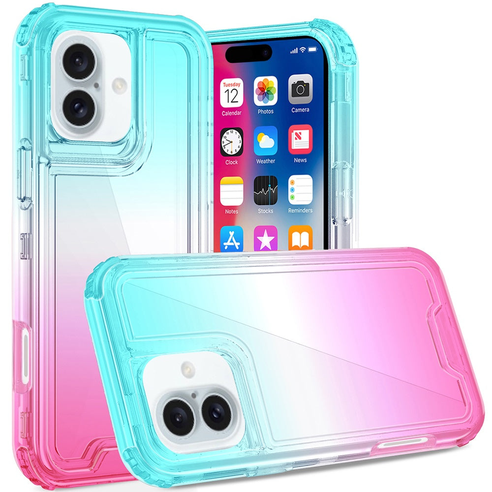 For Apple iPhone 16 (6.1") Hybrid 3in1 Clear Two Color Tone Transparent Shockproof Rubber TPU + Hard Protective Frame Case Cover Blue Teal + Pink