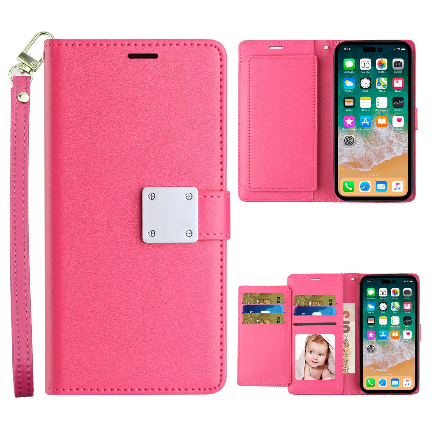 For Apple iPhone 14/13 Wallet Case with ID/ Card Holder, Wristlet Strap, Magnetic TPU Protective Shockproof Folio Flip Case Cover