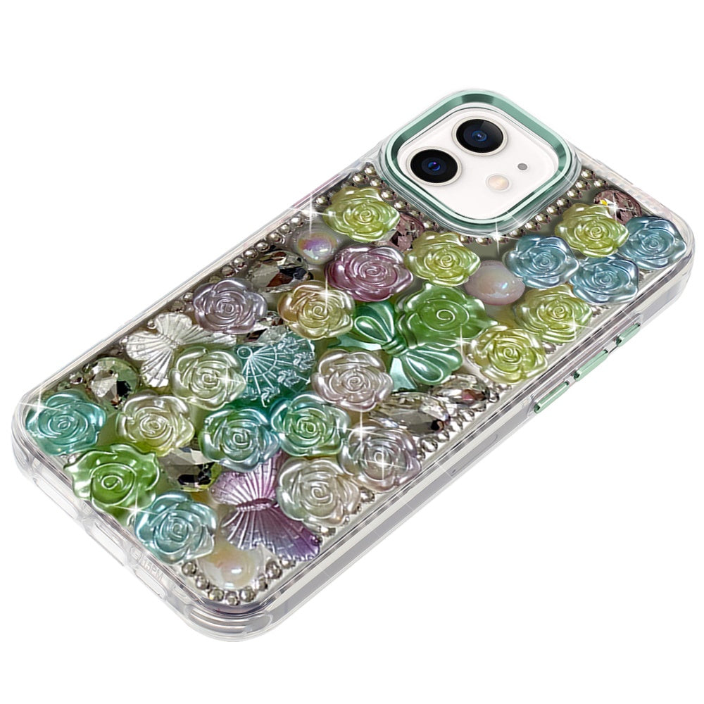 For iPhone 12 / iPhone 12 Pro (6.1") Muti-Color Floral Fashion Bling Crystal 3D Full Diamonds Stones Sparkle Rhinestone Glitter Hybrid Case Cover Green