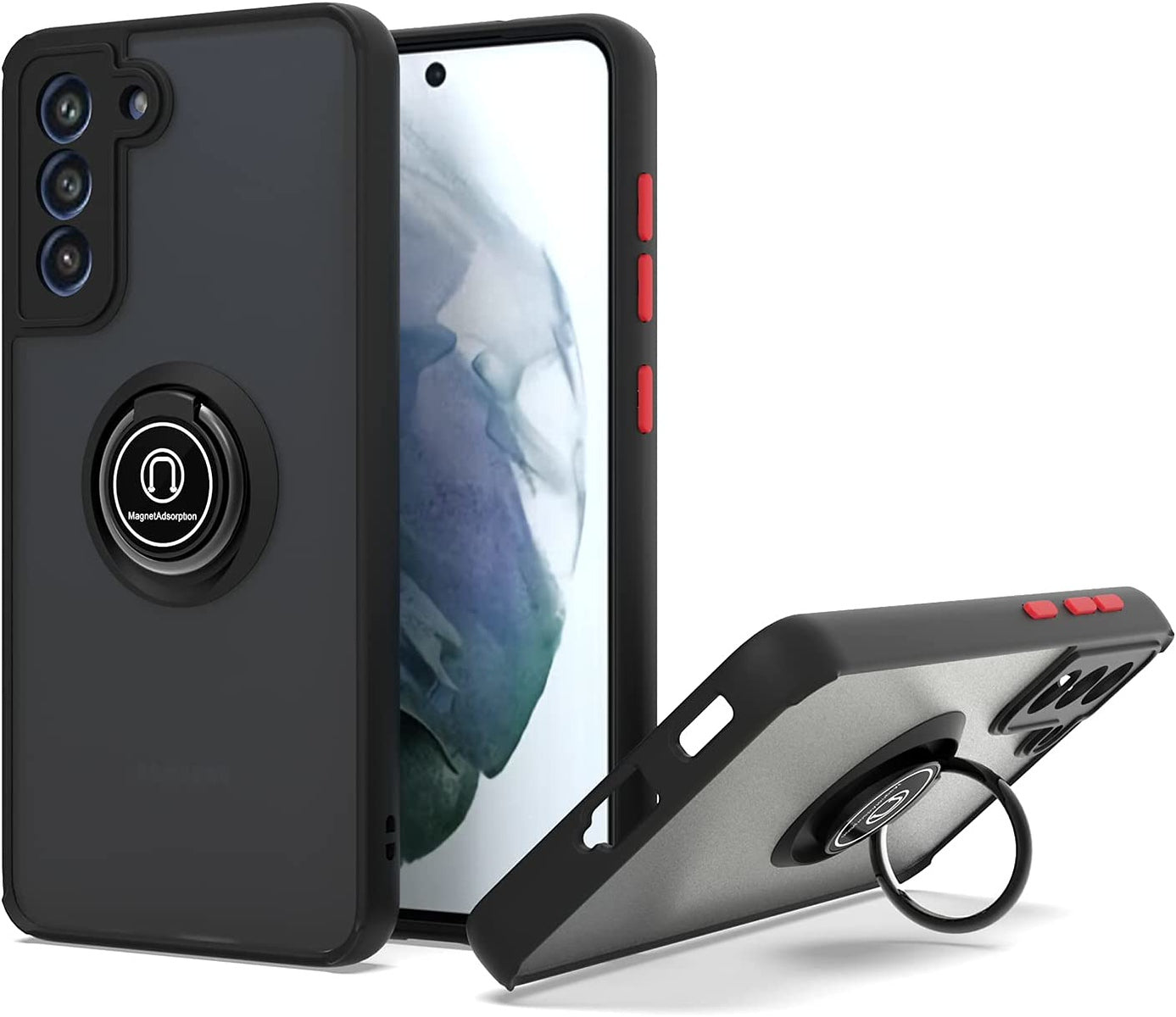 For Samsung Galaxy S26+ / S26 Plus Translucent Matte Back Hybrid with Rotatable Metal Ring Holder Kickstand Shockproof TPU (Fit Car Mount) Case Cover Black