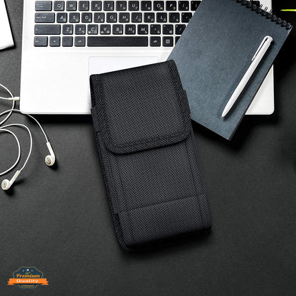 For Apple iPhone 16 (6.1") Pouch Case Universal Vertical Canvas with Belt Clip Loop Holster Military Grade Cell Phone Holder Waist Pouch Cover [Black]