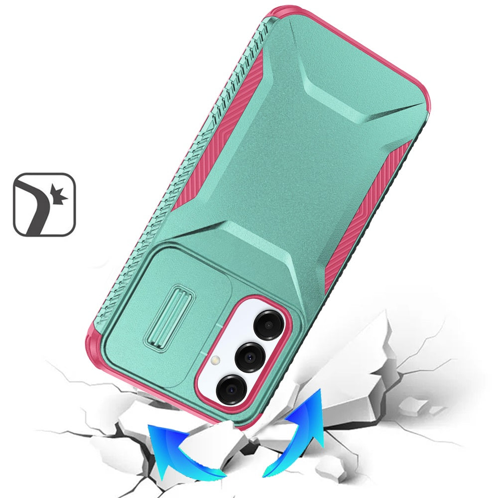 For Samsung Galaxy A17 5G Slim Fit Shockproof Hybrid with Slide Camera Window Covering, Rugged Tpu Silicone Hard PC Bumper Case Cover Teal+Hot Pink