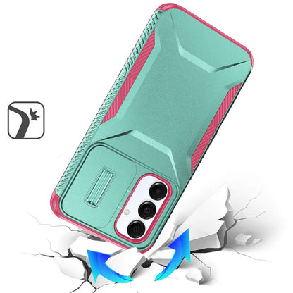For Samsung Galaxy A17 5G Slim Fit Shockproof Hybrid with Slide Camera Window Covering, Rugged Tpu Silicone Hard PC Bumper Case Cover Teal+Hot Pink