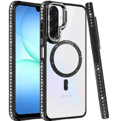 Phone Case for Samsung Galaxy A17 5G Luxury Diamond Bling Edged Magnetic Glitter Shockproof Hybrid with Camera Kickstand Durable Grip Cover
