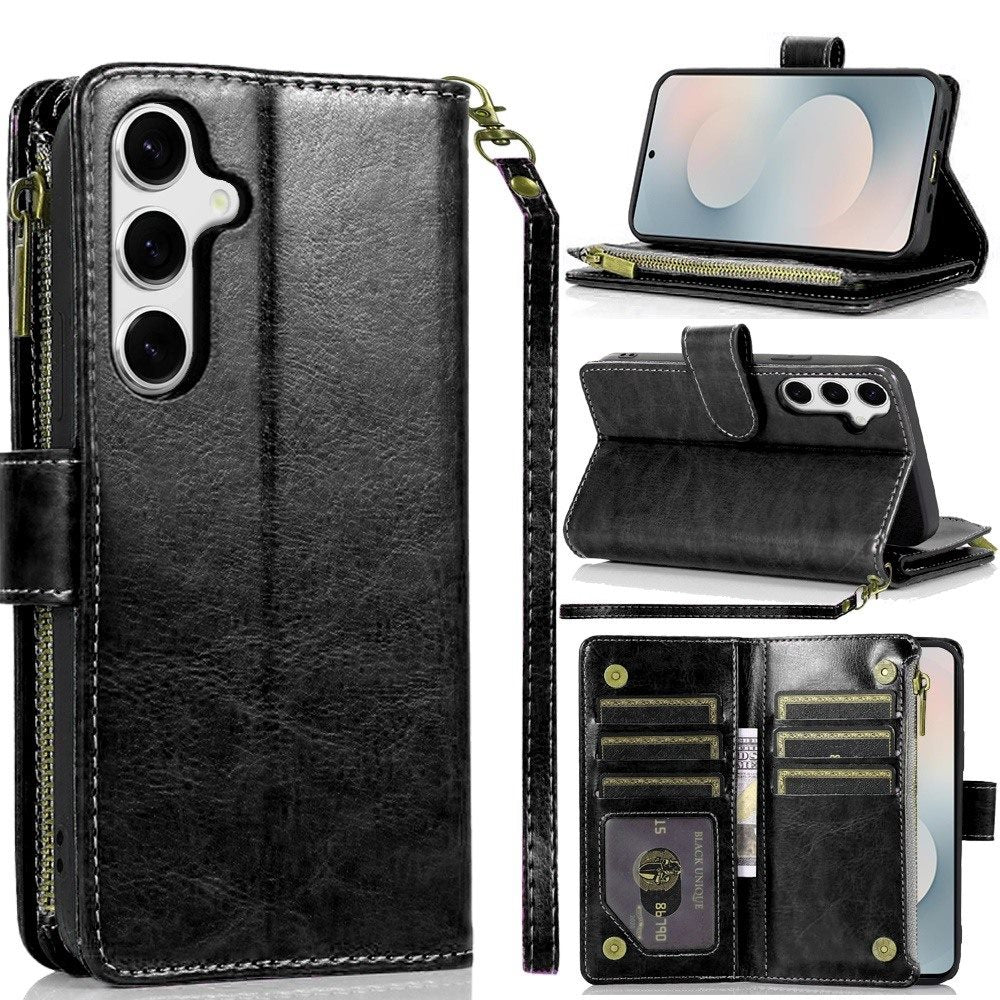 For Samsung Galaxy S26+ / S26 Plus Wallet Case with ID/ Card Holder, Wristlet Strap, Magnetic TPU Protective Shockproof Folio Flip Case Cover Black
