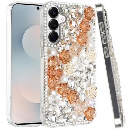 For Samsung Galaxy S26+ / S26 Plus Fashion Rose Flower Floral, 3D Bling Crystal Full Diamonds Pearl Sparkle Rhinestone Glitter Hybrid Case Cover