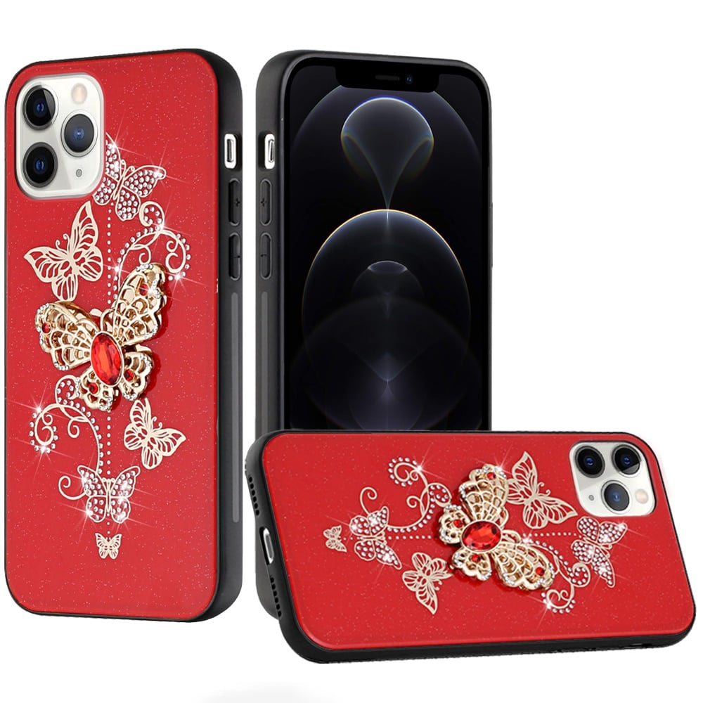 For Apple iPhone 12 Pro Max Diamonds 3D Butterfly Bling Sparkly Glitter Ornaments Engraving Hybrid Metal Fashion Case Cover Garden Butterflies Red