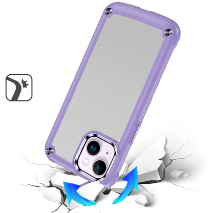 For iPhone 14/13 (6.1") Hybrid Transparent Rubber with Metal Buttons & Camera Edges Hard TPU Corner Frame Bumper Case Cover Light Purple