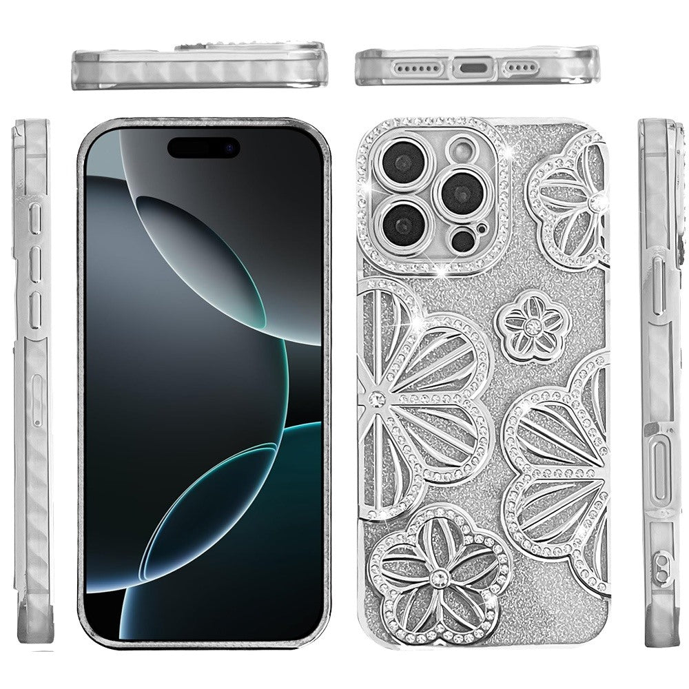 For iPhone 16 Pro Max (6.9") Luxury Flower Design Sparkle Glitter Diamond Rhinestone Shimmer Bling Plating Thick TPU Hard PC Case Cover
