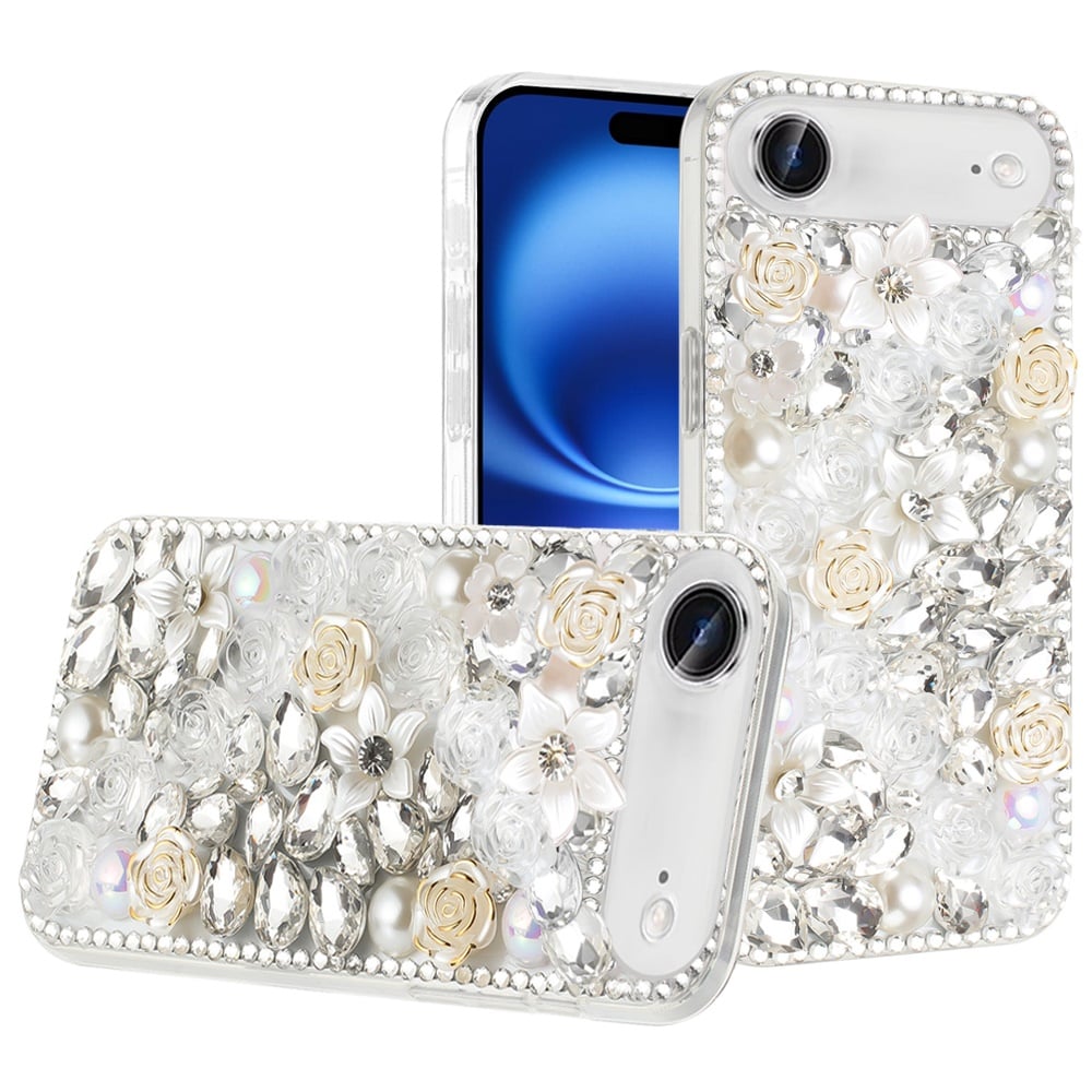 For Apple iPhone 17 Air (6.6") Fashion Rose Flower Floral Bling Crystal 3D Full Diamonds Pearl Sparkle Rhinestone Glitter Hybrid Case Cover
