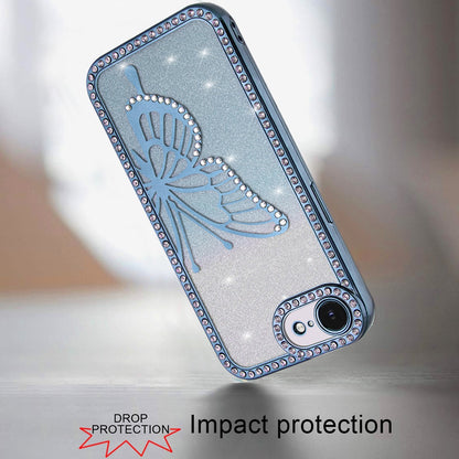 For Apple iPhone 17E /16E Butterfly Glitter Diamond Shimmer Hybrid Slim & Stylish Electroplated Sparkly Bling Shockproof TPU Protective Case Cover