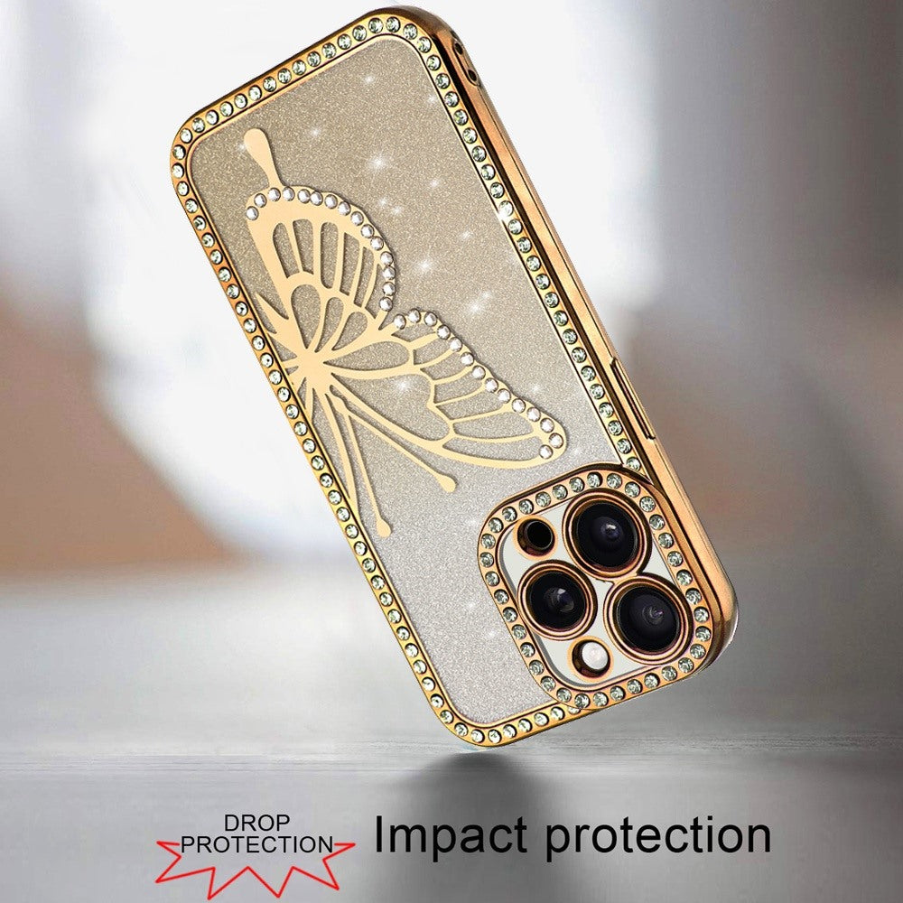 For Apple iPhone 12 Pro Max Butterfly Glitter Diamond Shimmer Hybrid Slim & Stylish Electroplated Sparkly Bling Shockproof TPU Protective Case Cover