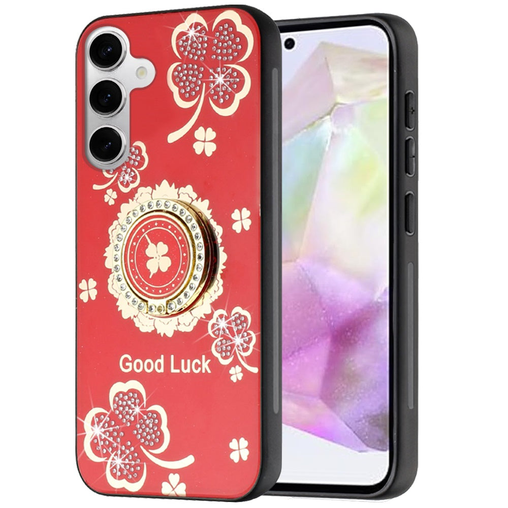 For Samsung Galaxy Z Flip 7 FE Diamonds 3D Fashion Floral Bling Sparkly Glitter Ornaments Engraving Hybrid with Ring Stand Case Cover Red Good Luck Floral