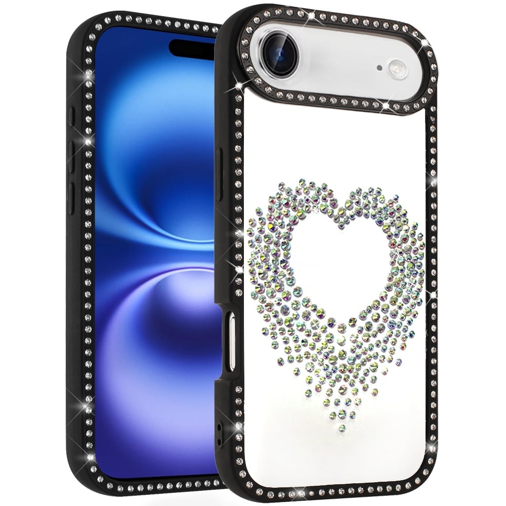 For Apple iPhone 17 Air (6.6") Angel Hearts Glitter Shimmer Diamond Edge Hybrid Drop Protection Shockproof Design Case Cover Black