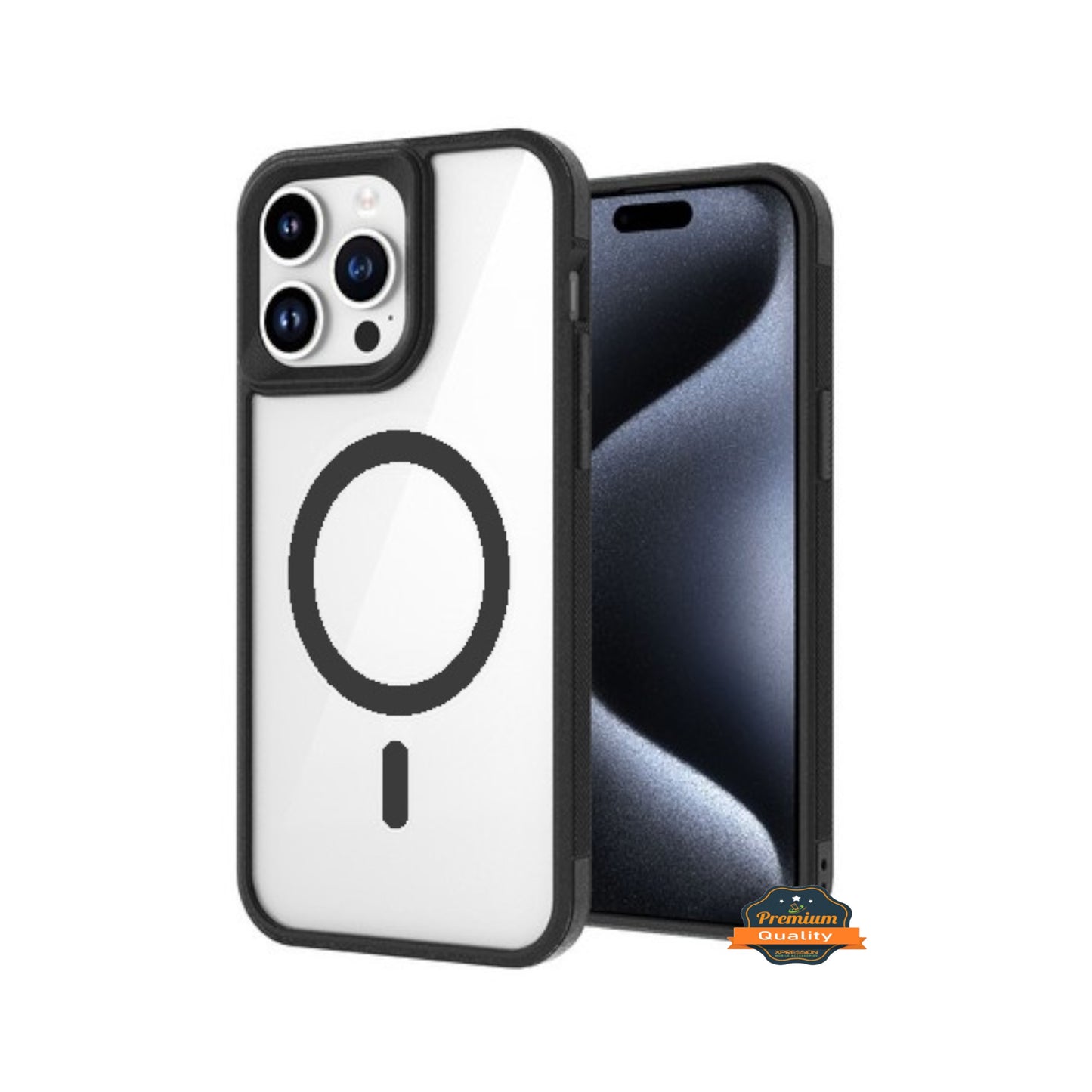 For Apple iPhone 15 Pro Max (6.7") Magnetic Compatible with Magsafe Wireless Charger TPU Hybrid Slim Transparent Black Phone Case Cover