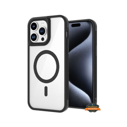 For Apple iPhone 15 Pro Max (6.7") Magnetic Compatible with Magsafe Wireless Charger TPU Hybrid Slim Transparent Black Phone Case Cover