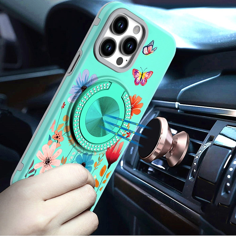 For Apple iPhone 16e Pattern Design Hybrid with Invisible Ring Stand & Magnetic Back, Shockproof Protective Grip Case Cover Summer Bloom