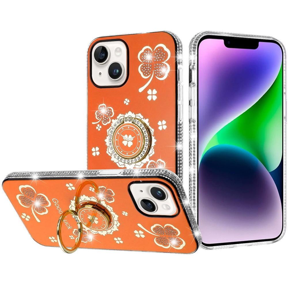 For iPhone 14/13 (6.1") Diamonds Bling All Around Edges Sparkly Glitter Hybrid with Ring Stand Holder Fashion Good Luck Case Cover Cosmic Orange